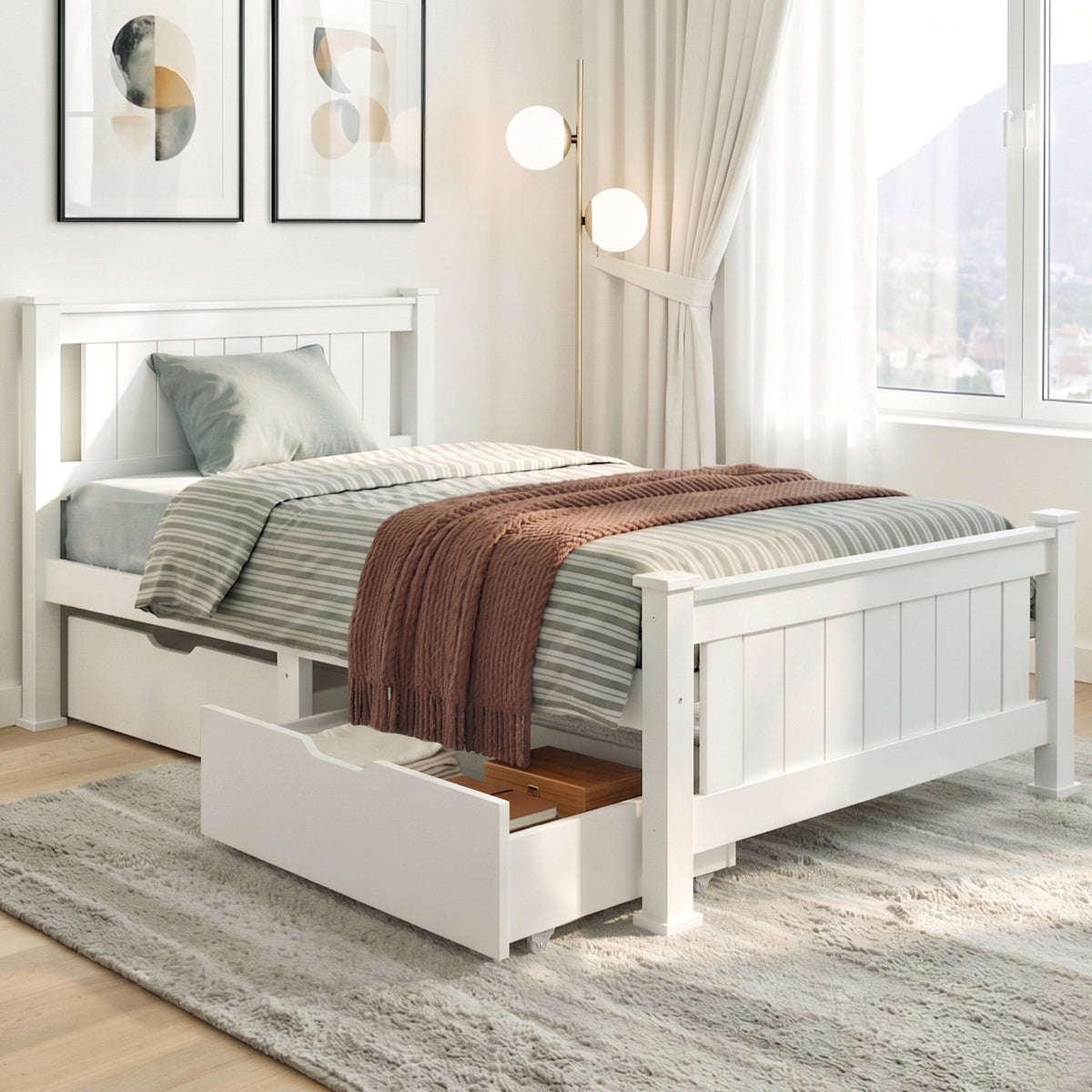 Buy Artiss Bed Frame Single Size Wooden with 2 Drawers White RIO Online ...