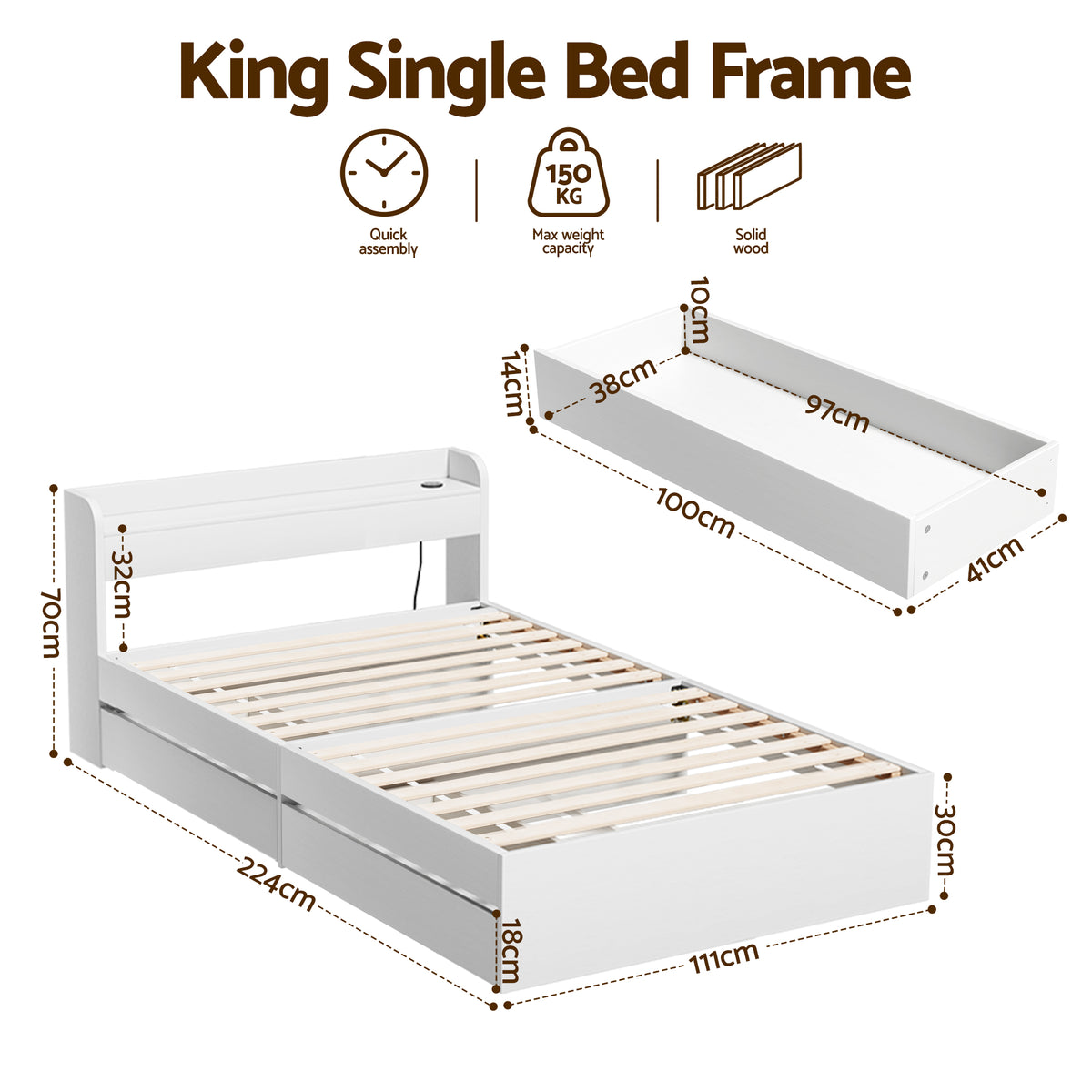 Buy Artiss Bed Frame King Single Size Wooden Bed Base with Charging ...