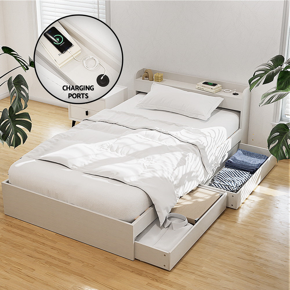 Buy Artiss Bed Frame Single Size with Charging Ports and 2 Drawers AURA ...