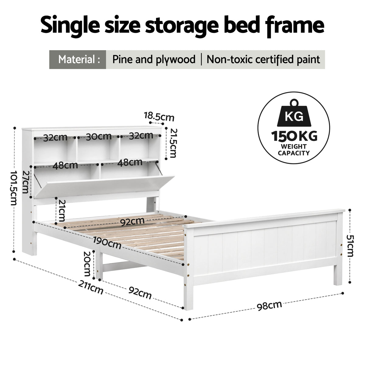 Buy Artiss Single Bed Frame with Storage Headboard and Footboard Wooden ...
