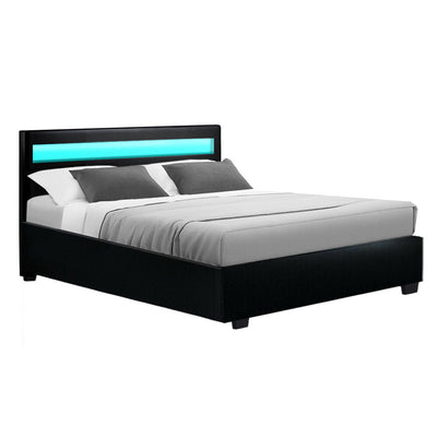 Artiss Cole LED Bed Frame PU Leather Gas Lift Storage - Black Double - Artiss