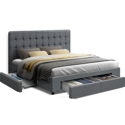 Artiss Avio Bed Frame Fabric Storage Drawers - Grey King - Artiss