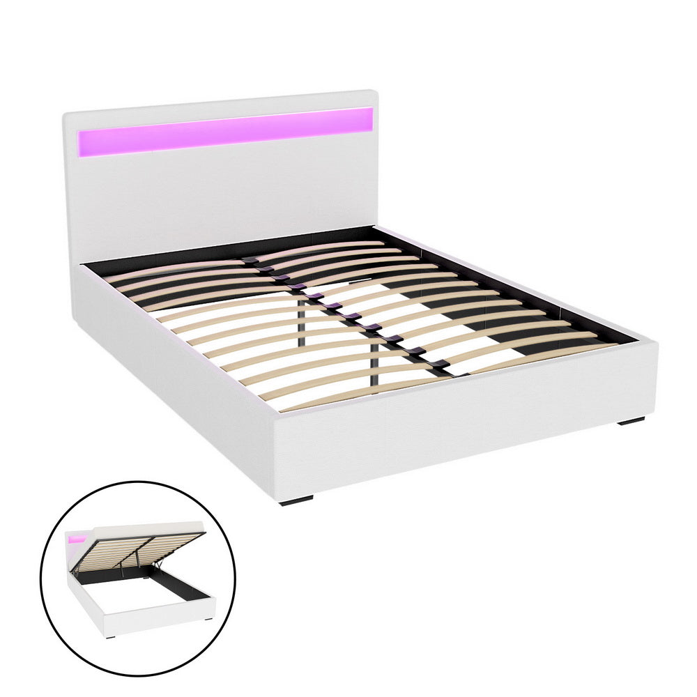 Artiss Cole LED Bed Frame Leather Gas Lift Storage