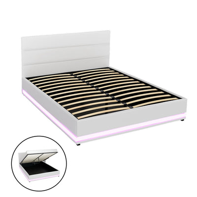 Artiss Lumi LED Bed Frame PU Leather Gas Lift Storage - White Double - Artiss