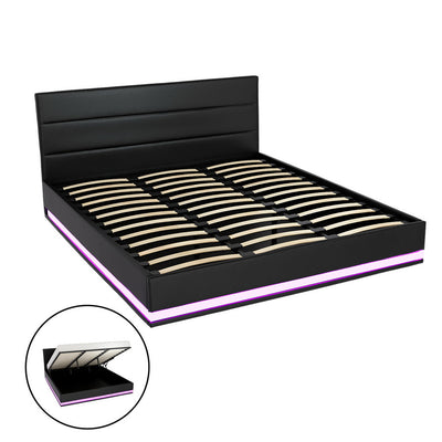 Artiss Lumi LED Bed Frame PU Leather Gas Lift Storage - Black King - Artiss