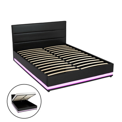 Artiss Lumi LED Bed Frame PU Leather Gas Lift Storage - Black Queen - Artiss