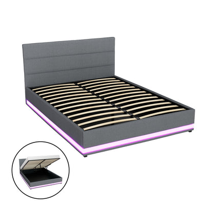 Artiss Lumi LED Bed Frame Fabric Gas Lift Storage - Grey Queen - Artiss