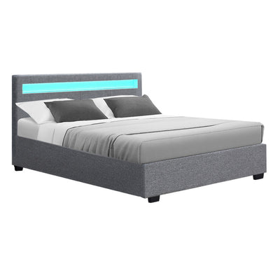 Artiss Cole LED Bed Frame Fabric Gas Lift Storage - Grey Double - Artiss