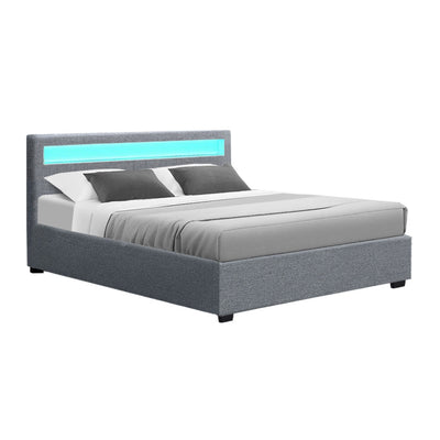 Artiss Cole LED Bed Frame Fabric Gas Lift Storage - Grey Queen - Artiss