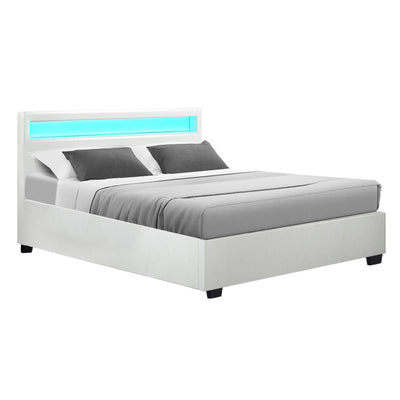 Artiss Cole LED Bed Frame PU Leather Gas Lift Storage - White Queen - Artiss