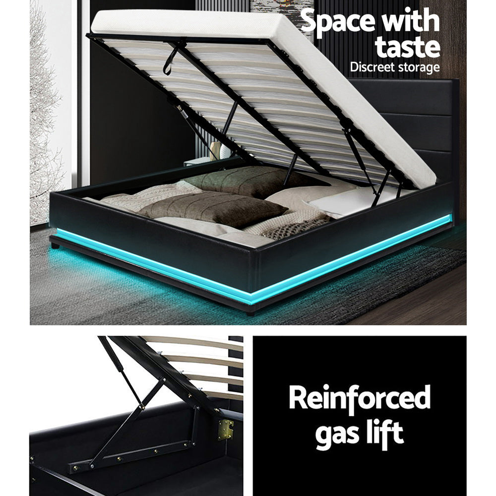 Artiss rgb led bed frame double full size gas lift base storage black leather lumi discount