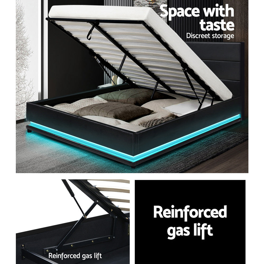 Artiss rgb led bed frame queen size gas lift base storage black leather lumi discount