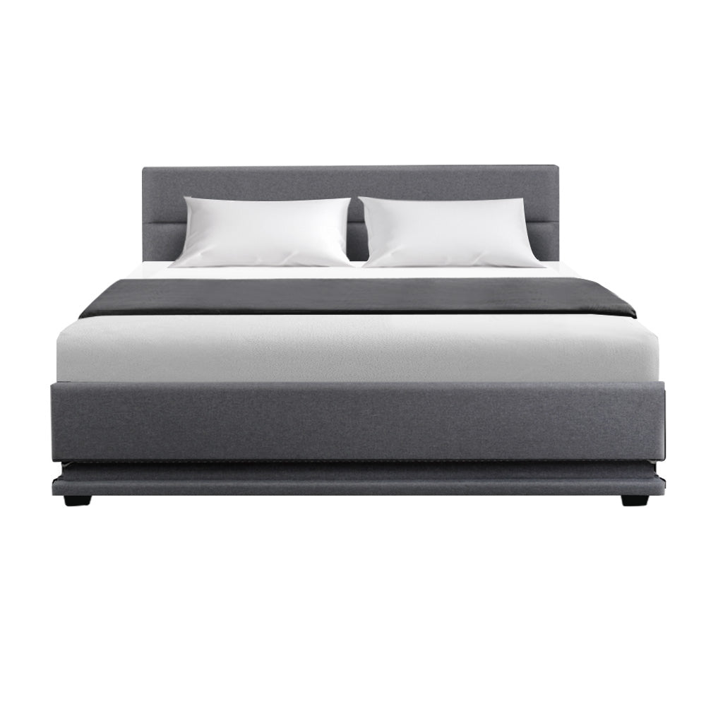 Artiss rgb led bed frame queen size gas lift base with storage grey fabric lumi discount