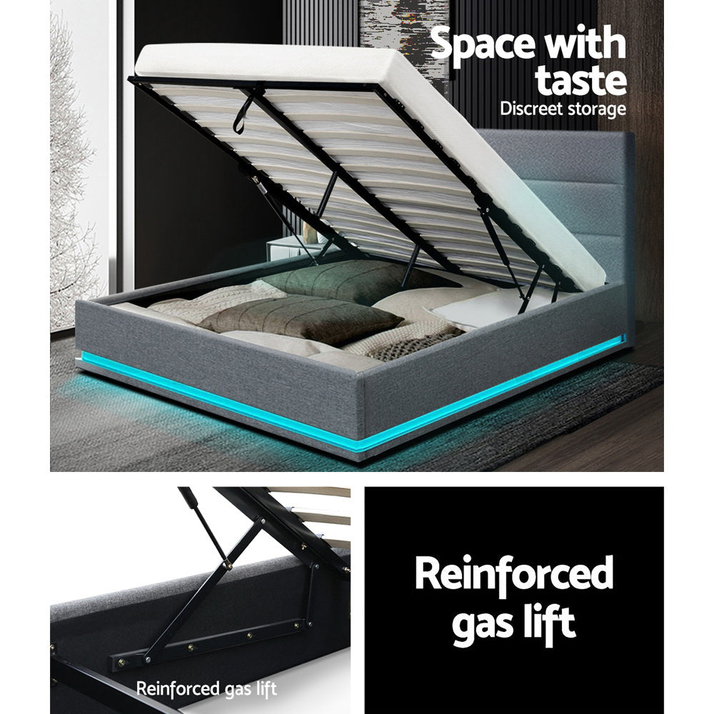 Buy Artiss Bed Frame Queen Size LED Gas Lift Grey LUMI Online Artiss
