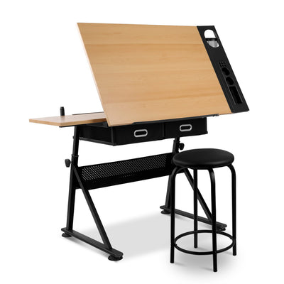 Artiss Tilt Drafting Table Stool Set - Natural & Black - Artiss