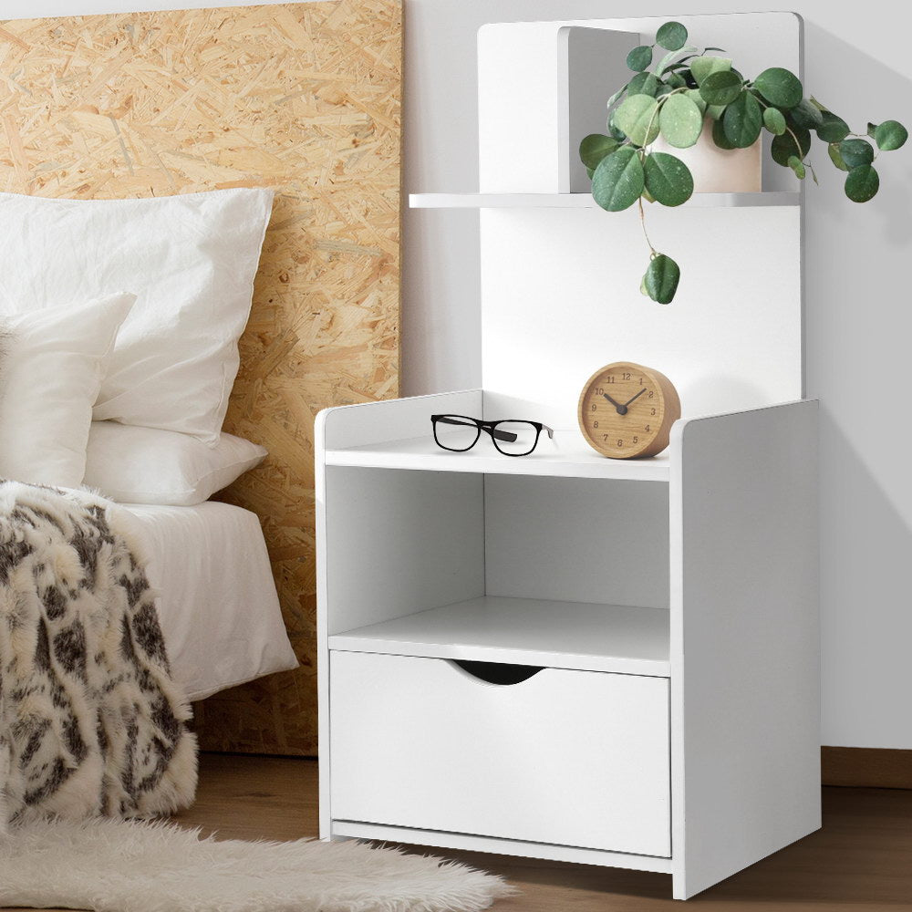 Buy Artiss Bedside Table 1 Drawer with Shelves EVERMORE White Online Artiss