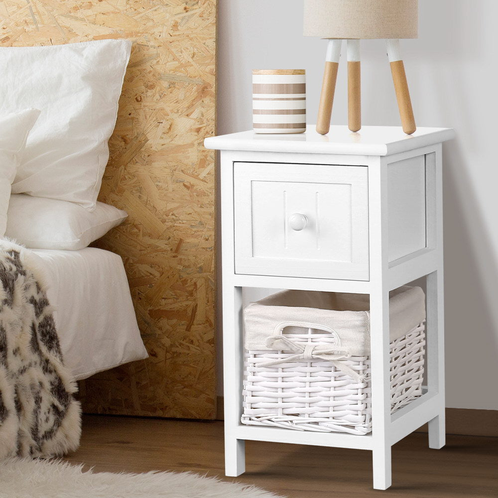 Buy Artiss Bedside Table 1 Drawer with Basket Rustic White X2 Online Artiss